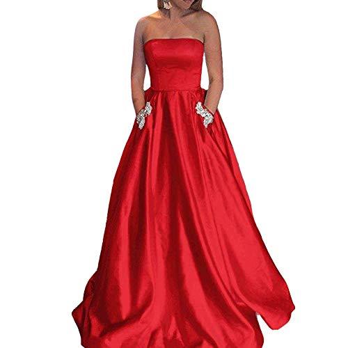 Beaded Pockets A Line Satin Corset Long Formal Prom Dress Evening Gown Red US 10