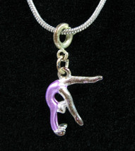 GYMNAST Tumbling Girl Vintage NECKLACE PURPLE Pendant Silvertone Snake C... - $16.99