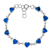 Love All Around Heart Link Blue Turquoise Inlay .925 Silver Bracelet - $27.71