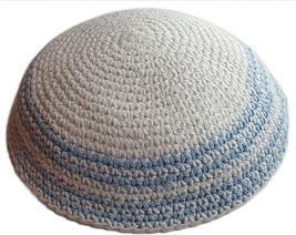 Knitted white KIPPA with azure border  6.7&quot; / 17cm Yarmulke Kipa Kippah cap - £3.60 GBP