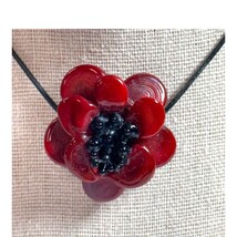 Handcrafted Red Black Signed Vintage Glass Flower Pendant Necklace W/ Bl... - $37.39
