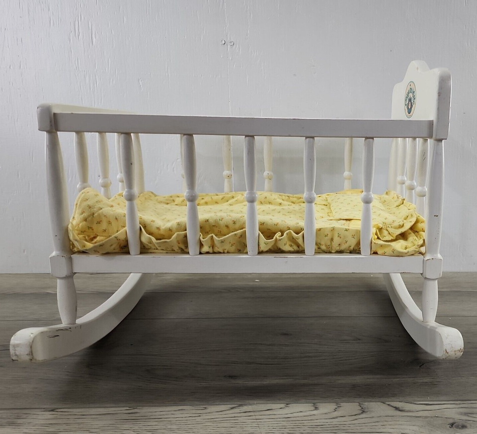 Vtg 1983 Cabbage Patch Kids Wooden Rocking Cradle with Pad & Bedding - $48.37