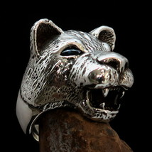 Excellent crafted Lion Ring Lioness Head blue Sapphire Eyes - Sterling Silver - £86.61 GBP