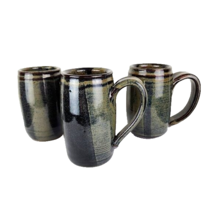 Pottery Mugs Green Brown Glaze Set of Three Coffee Mugs - $33.65