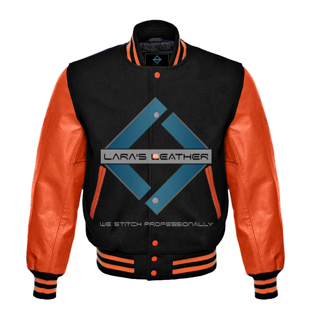 Premium Varsity Letterman College Wool Jacket/ Orange Real Leather Sleeve XS-7XL