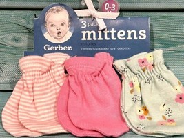 Gerber 3-Pack Mittens Newborn Baby Girl 0-3 Months Green Floral Pink Stripe NEW - £11.38 GBP