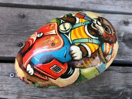 VTG 6&quot; Paper Mache Easter Egg Western Germany w Rabbit Riding Scooter - £15.75 GBP