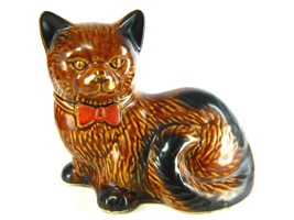 Vintage Porcelain Kitty Cat Kitten Feline Figurine Brown Black Red Bow Tie - £27.21 GBP