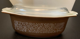 Pyrex Woodland Covered Oval Casserole Dish 1.5 L Brown Floral Design Vintage - $37.99