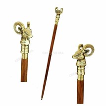 Antique Brass Victorian Goat Head Handle Wooden Vintage Style Walking Stick Cane - £33.87 GBP