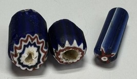 3 Antique Venetian Blue Red White Layered Chevron Glass African Trade Be... - $96.74