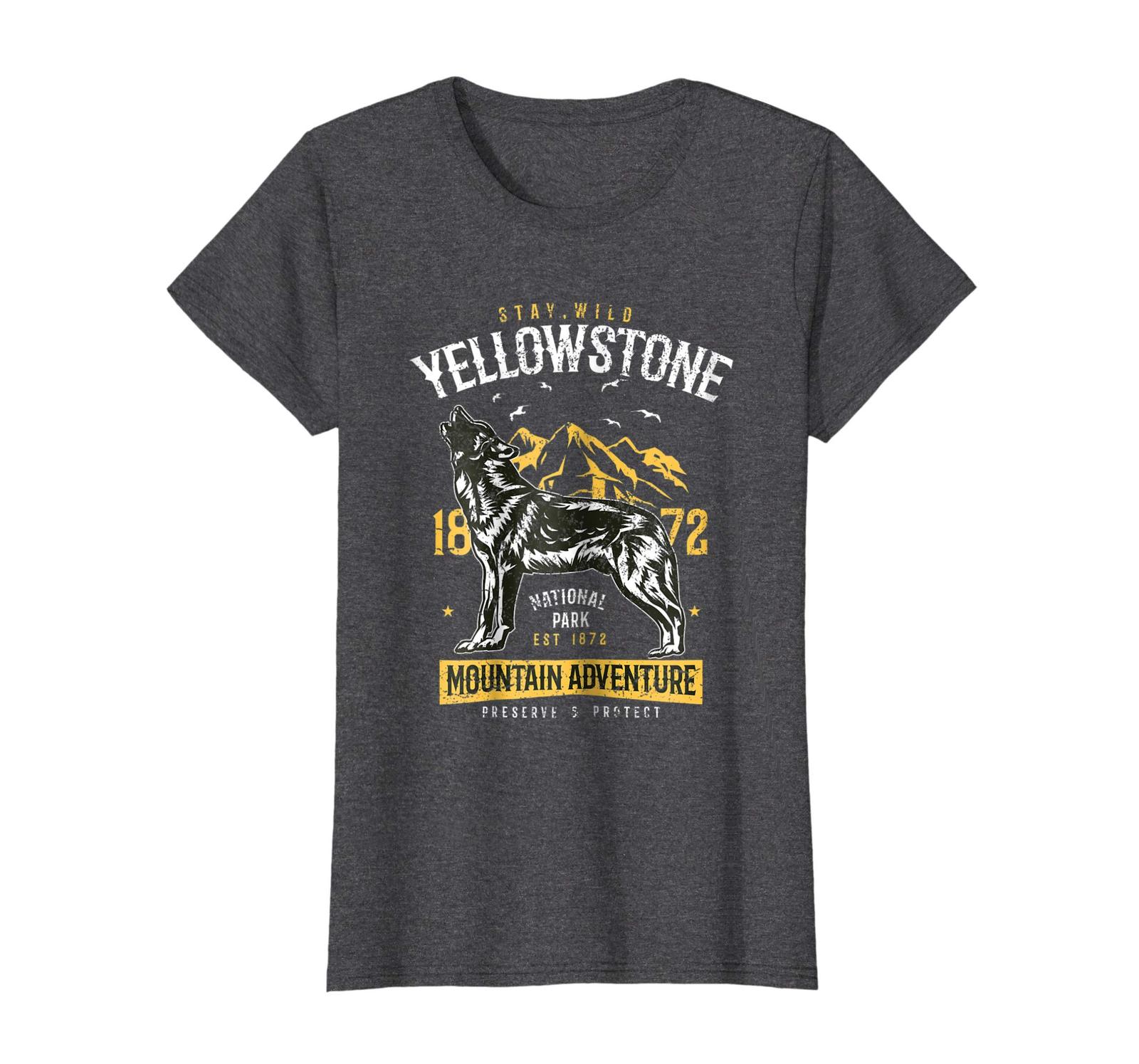 Dad Shirts -  Yellowstone National Park TShirt US Wolf Camping Hiking Wowen - $19.95