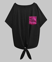 $25 A.T.U.N. Black &amp; Fuchsia Sequin-Pocket Knot-Front Boatneck Top Size ... - $5.69