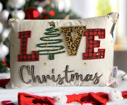 Jingles &amp; Joy Love Christmas Beaded Sequin Throw Pillow 10&quot; x 14&quot; Embellished - £43.77 GBP