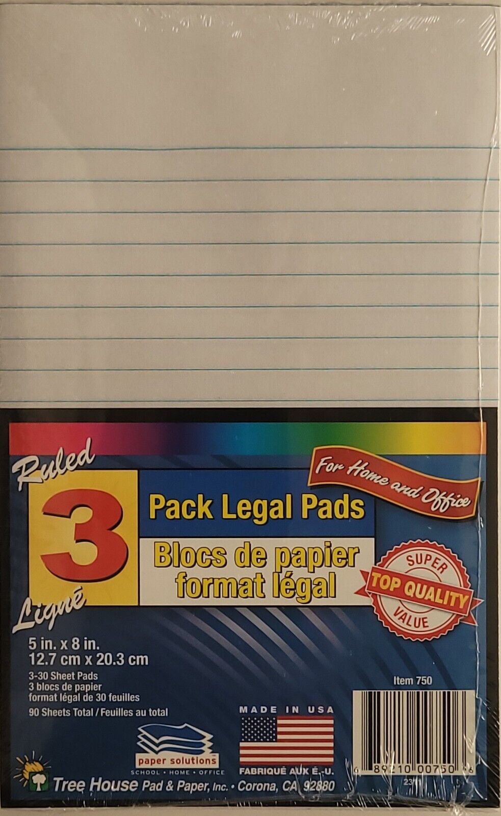 White Ruled Legal Pads, 5&quot; x 8&quot; Three Pads 30 Sheets/Pad Total 90 Sheets - $3.95