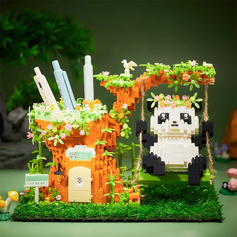 Kawaii Swing Panda Pen Holder Micro Building Blocks 3D Animal Table Container - £27.21 GBP+