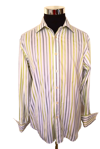 Ted Baker London Dress Shirt Men&#39;s Size 16 Green White Gray Stripes Flip Cuffs - £15.58 GBP