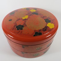 VTG 3 Pc Japan Jubako Orange Box Round Lacquerware Lotus Flower Stackable w/ Lid - £23.73 GBP