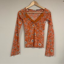 Boho Hippie Orange Floral Sheer Blouse Women Medium  Flowy Daisy Jones T... - £18.94 GBP