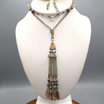 Crystal Chandelier Tassel Pendant Necklace, Soft Pink and Grey on Silver Tone - £64.95 GBP