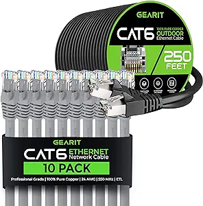 GearIT 10Pack 10ft Cat6 Ethernet Cable &amp; 250ft Cat6 Cable - $214.99