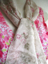 CLUB 7 ECHO Silk Scarf Pink Petite Flowers on Beige Damask Made in Japan 52 x 11 - £17.75 GBP