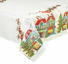 Christmas Village Fabric Tablecloth Jacquard Textured Printed 60x84&quot; Oval - £32.72 GBP