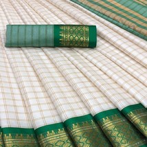 Cotton Silk Saree White &amp; Green Festive Wear Checks With Woven Border - $41.80