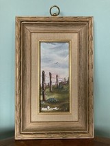 RUSTIC BARN WOOD FRAME signed rural barbed wire fence oil painting 14 x 9 - £16.52 GBP