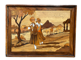 Vintage Art Inlay Wood Ganges River India Women Carrying Water - £128.53 GBP