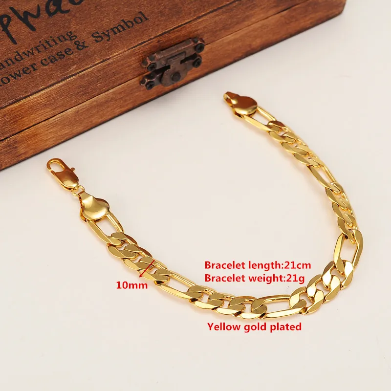 Mens 24 k Solid Gold FINISH  10mm Italian Figaro Link Chain Bracelet 8.7 Inches  - £29.45 GBP