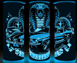 Glow in the Dark Ford Mustang Cobra Blue Classic with Skulls Cup Mug Tum... - £17.80 GBP