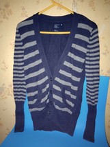 American Eagle Outfitters Cardigan Sweater Women&#39;s Size Medium Gray Blue Striped - £9.45 GBP