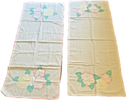 Table Runners 2 Crocheted Applique w/ Single Appliques Vintage 18 Inch x 40 Inch - £21.21 GBP