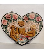 Vintage Handpainted Folk Art Wooden Heart Hanging Artwork Bears Tea Part... - $300.31 MXN