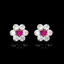 2ct Simulated Diamond Red Ruby Cluster 14K Yellow Gold Plated Earrings Screwback - £84.46 GBP