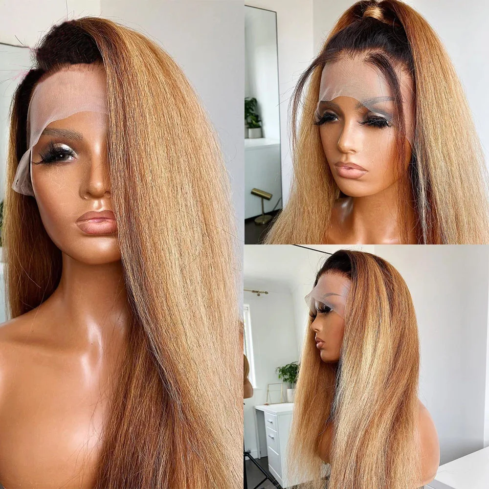 Ombre Honey Blonde Ponytail Yaki Straight HD 360 Lace Frontal Wigs PrePlucked - £147.48 GBP+