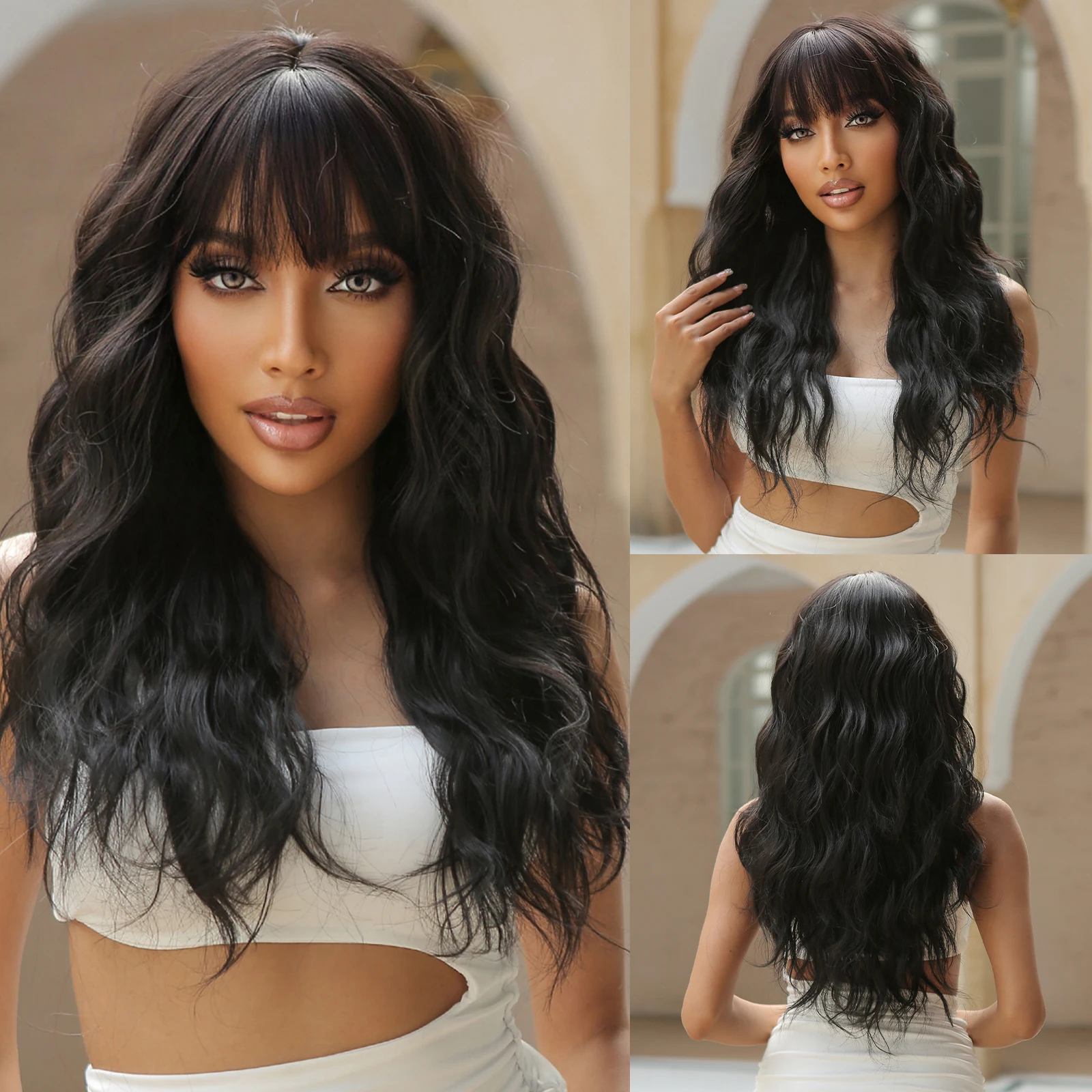 Lack long wavy synthetic wigs for women natural body wave wig with bangs heat resistant thumb200