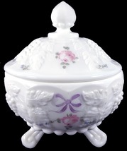Westmoreland Milk Glass HP Roses Bows Paneled Grape 6&quot;t Covered Candy Bowl - £46.35 GBP