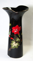 Japan Fine China Tall Black Vase w Red Flower &amp; Bird Gold Embellishments... - $32.88 CAD