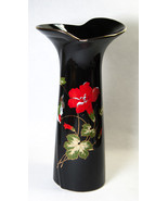 Japan Fine China Tall Black Vase w Red Flower &amp; Bird Gold Embellishments... - $24.00