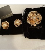 joan rivers Set Faux Pearl Pin &amp; Earrings  gold Rare New pierced - €83,92 EUR