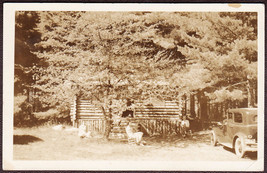 Sebago Lake, ME RPPC 1930s - Man &amp; Woman Outside Log Cabin &amp; Old Auto - £9.79 GBP