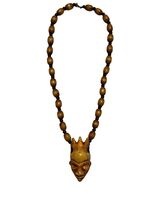 Vintage Carved Wooden Tribal Mask Necklace Beaded Wood Pendant 20” - $19.80