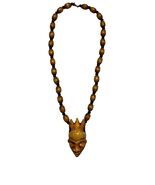 Vintage Carved Wooden Tribal Mask Necklace Beaded Wood Pendant 20” - $19.80