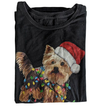 Christmas Yorkie Graphic Black T-Shirt M String Lights Santa Hat Dog Lov... - $16.82