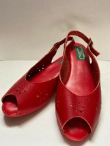 Vtg 70s Italian Red Leather Peep Toe Slip On Slingbacks Casual Flats Wom... - £29.09 GBP