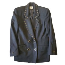 Vintage 90s Black Wool Double Breasted Studded Blazer Gold Enameled Sz S... - £39.67 GBP