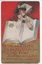 Vintage Postcard New Year Pretty Woman and Blank Book 1911 Gold Trim - $6.92