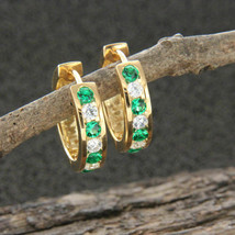 0.65Ct Round Emerald and Diamond Hoop Earrings 14K Yellow Gold Over For Women&#39;s - £65.36 GBP